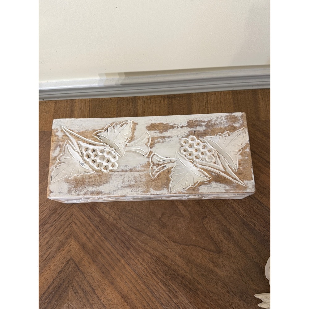 Hand Carved Wooden Decorative Box Distressed White Floral Keepsake Chest 12in